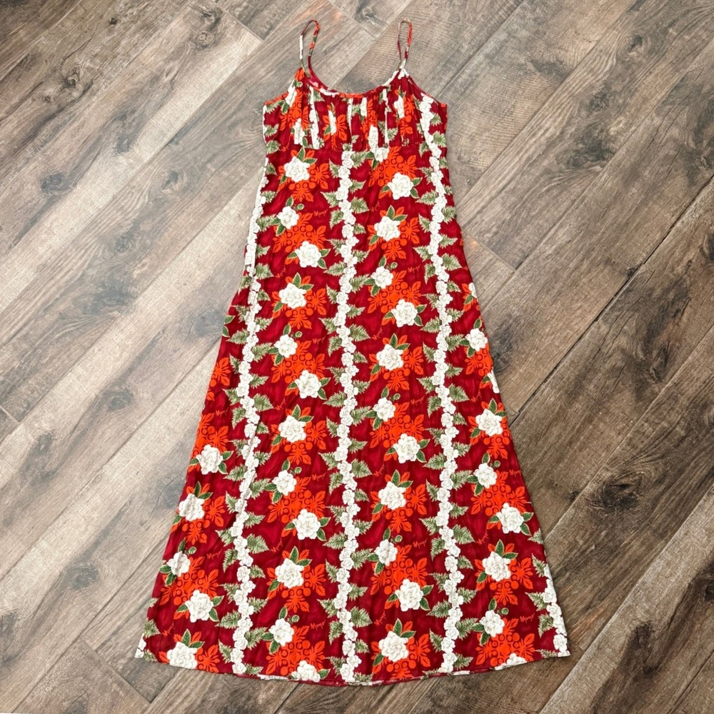 Mamo Howell Vintage Hawaiian Floral Gardenia Lei Maxi Dress, Red Orange, XL
